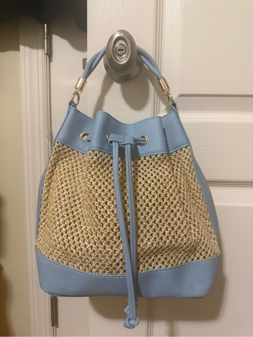 Blue & Natural Woven Drawstring Bucket Bag